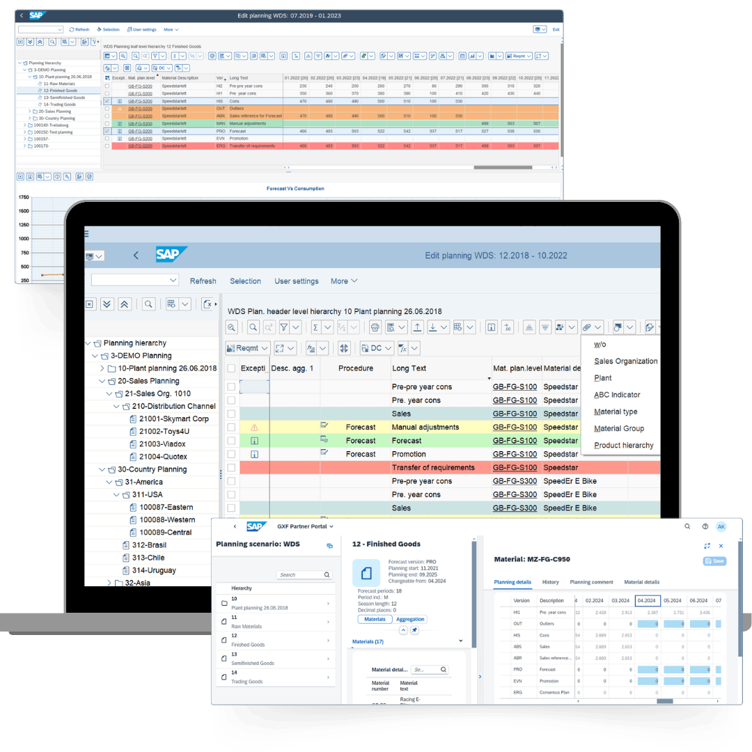 GIB Forecast workspace inside SAP showing hierarchical demand planning, forecast adjustments, and version-based planning data with integrated views for managing forecast inputs and changes.