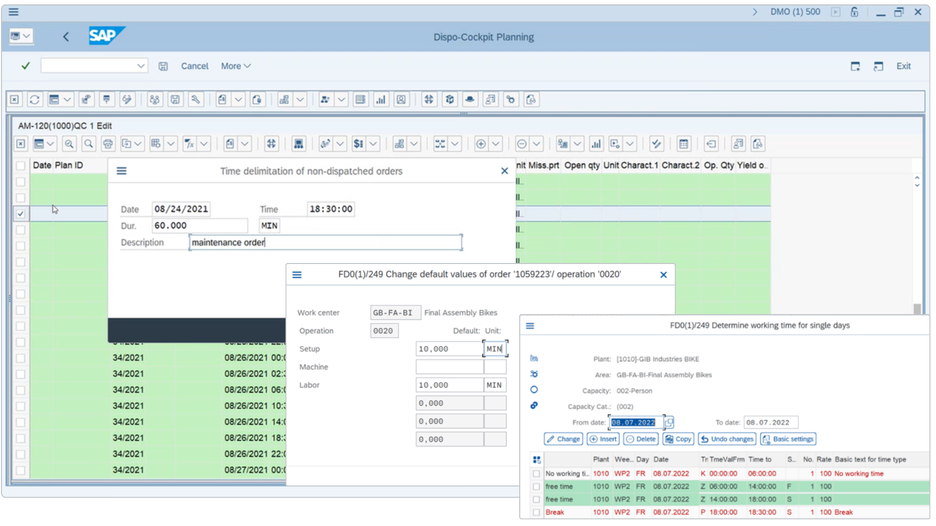 GIB Production capacity adjustment screen in SAP showing shift definitions, non-working time, and break scheduling directly within a work center.
