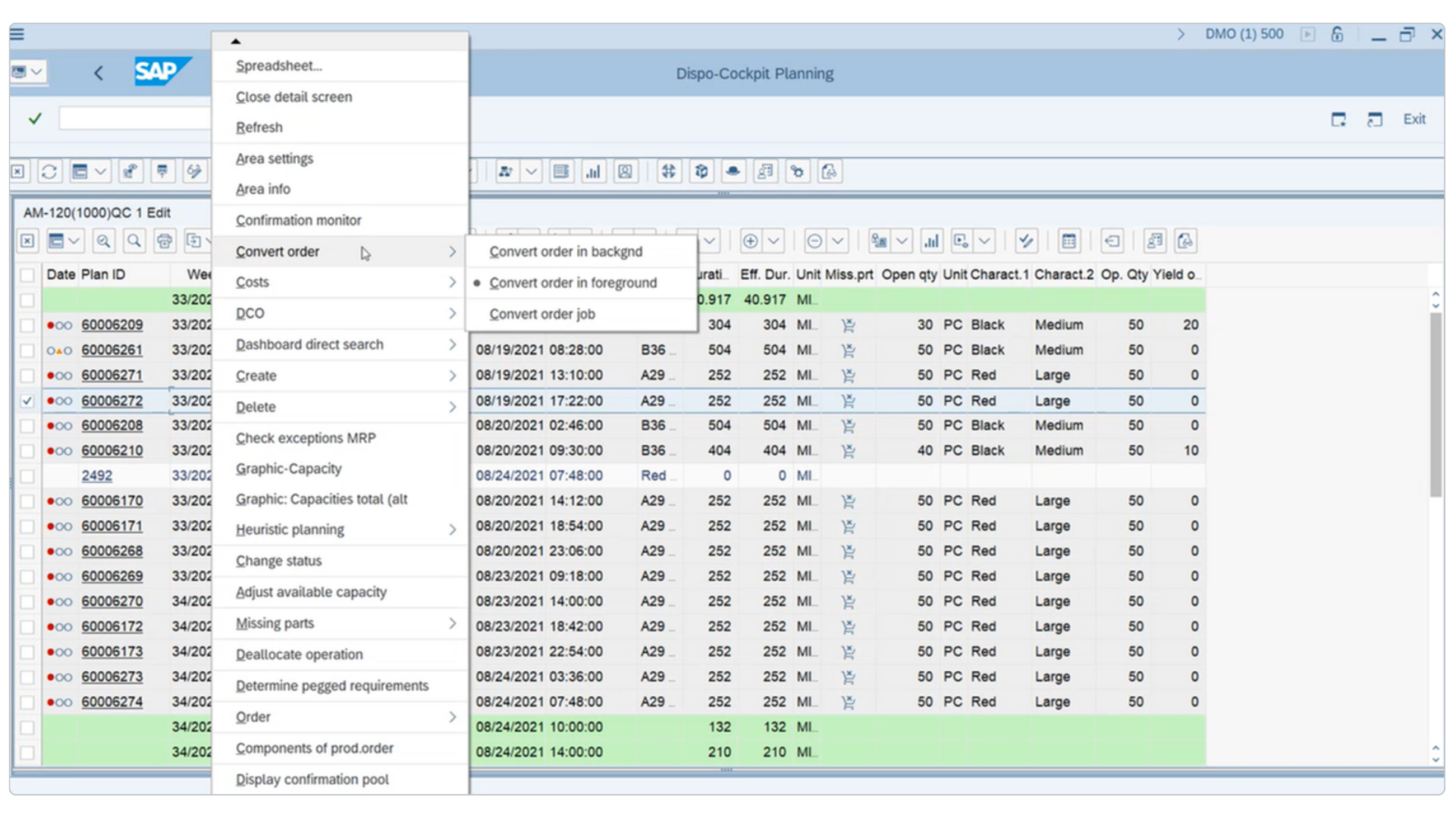 GIB Production contextual action menu in SAP enabling order conversion, capacity checks, and scheduling adjustments directly from the production schedule.