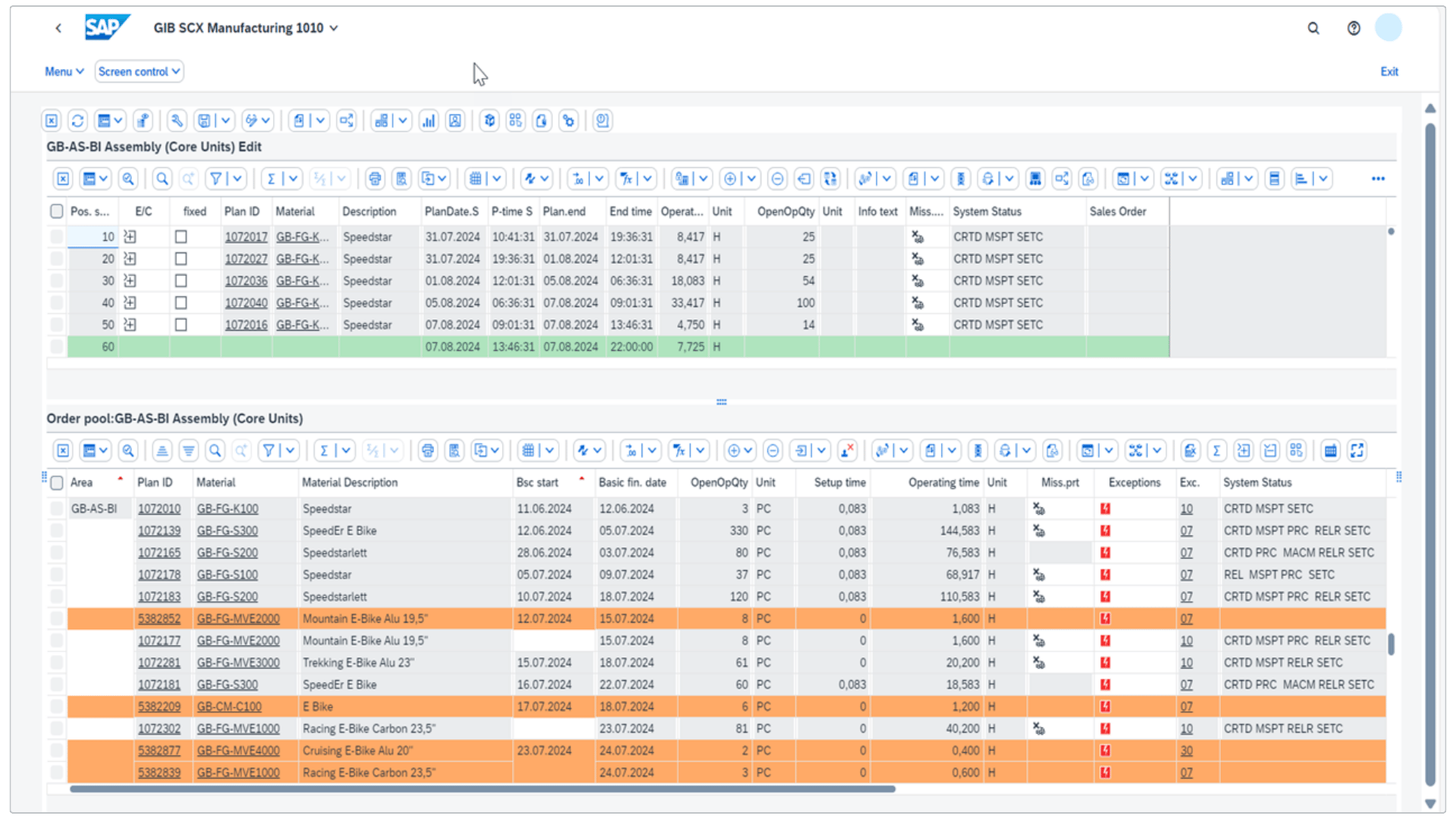 GIB Production scheduling interface in SAP S/4HANA showing interactive operation sequencing, order pool management, and real-time capacity alignment within a work center.