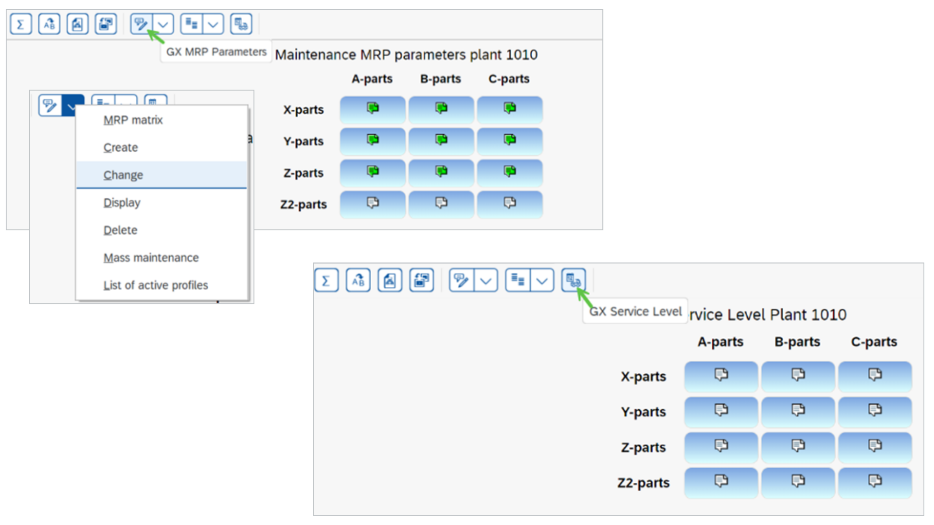 SAP MRP Parameters and Service Level matrix in GIB showing rule-based assignment of MRP type, safety stock, and service levels by ABC/XYZ classification.