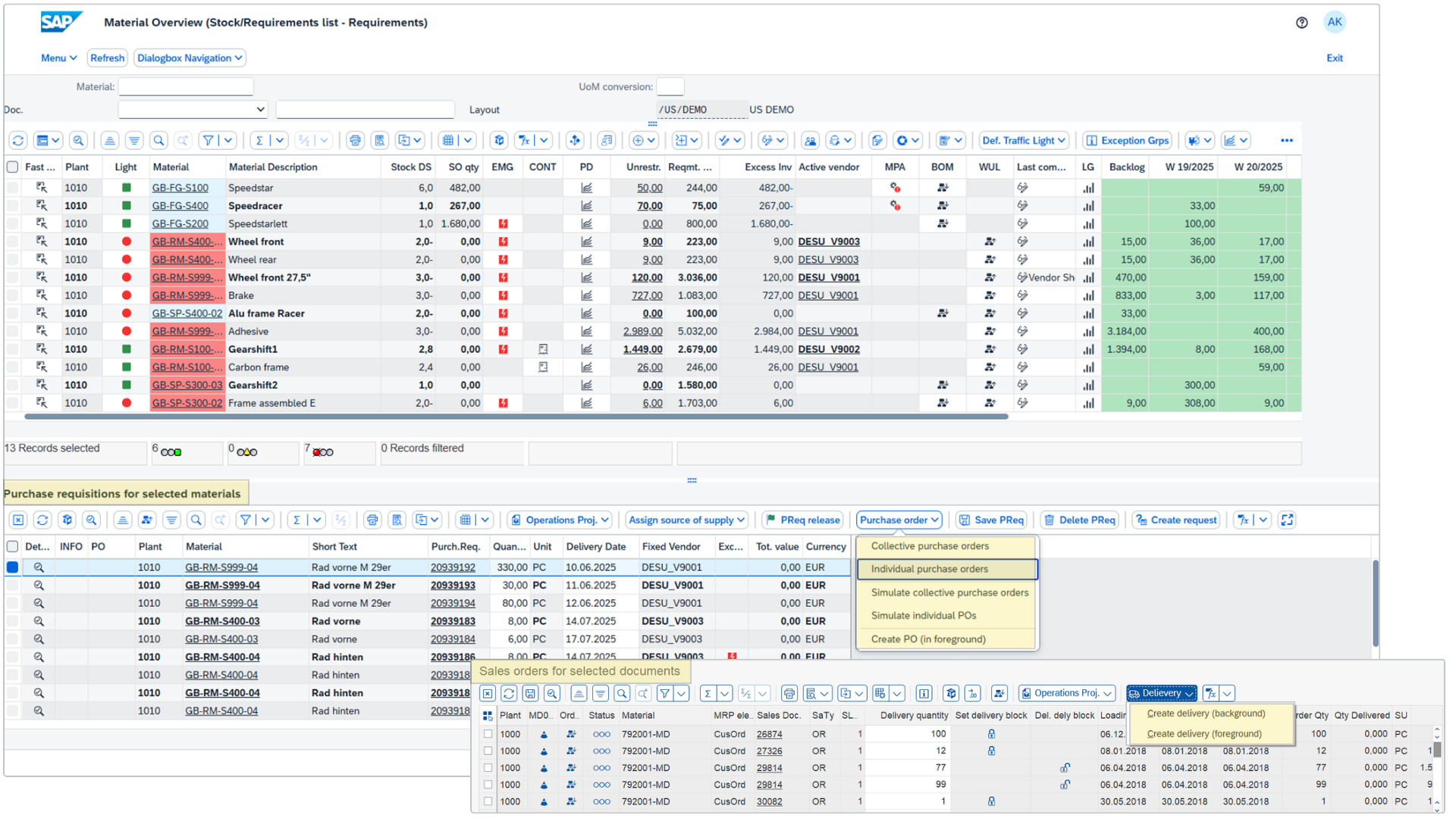 SAP Material Overview in GIB allowing planners to create collective or individual purchase orders, convert requisitions, simulate purchase orders, assign supply sources, and execute delivery actions without leaving the MRP view.