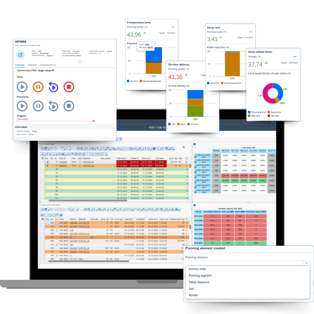 GIB Production Planning and Scheduling interface in SAP showing capacity planning, scheduling, and order management with real-time dashboards, color-coded constraints, and production sequencing controls on a unified screen.